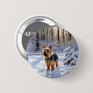 Macaron Rond 5 Cm Yorkshire Terrier Laisser Neige Noël