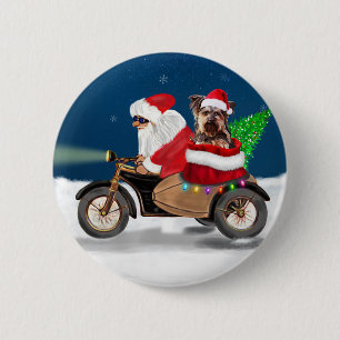 Macaron Rond 5 Cm Yorkshire Terrier's Ride Santa Claus sur moto