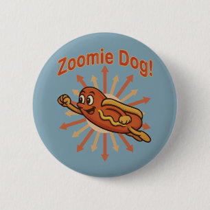 Macaron Rond 5 Cm Zoomie Chien volant Hot Dog Cartoon - Fun Retro