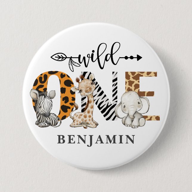 Macaron Rond 7,6 Cm 1er anniversaire Wild One Safari Animaux Thème (Devant)