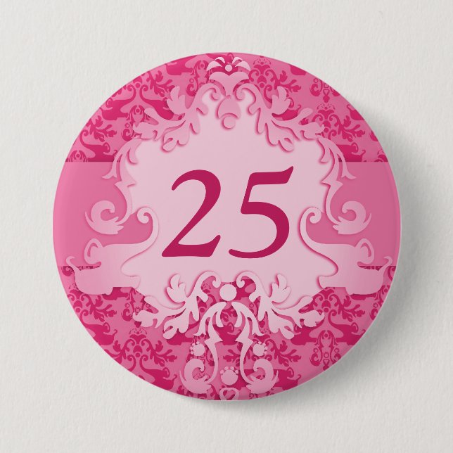 Macaron Rond 7,6 Cm 25e anniversaire d'âge damask éléphant rose (Devant)