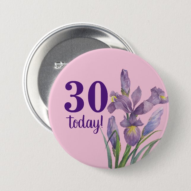 Macaron Rond 7,6 Cm 30 Aujourd'hui Aquarelle violet Iris Botanique Flo (Devant & derrière)