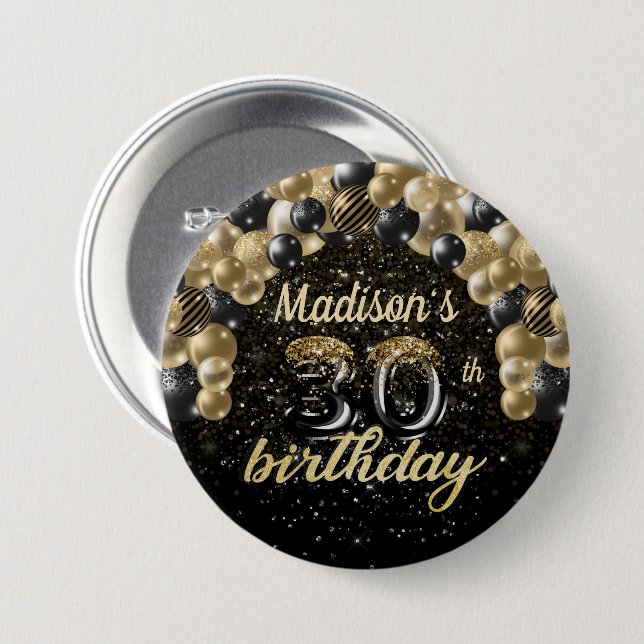 Macaron Rond 7,6 Cm 30e anniversaire Black Gold Balloon Parties scinti (Devant & derrière)