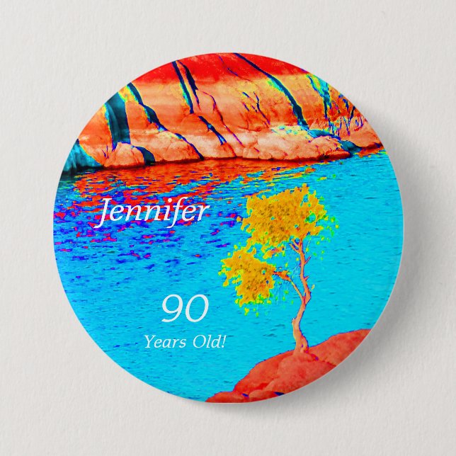 Macaron Rond 7,6 Cm 90 Ans, Colorful Landscape Button Pin (Devant)