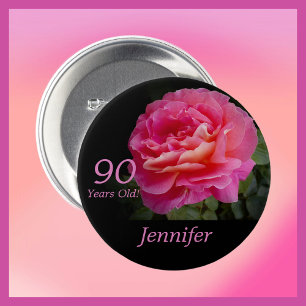 Macaron Rond 7,6 Cm 90 Ans, Nom, Floral Rose Rose Bouton Pin