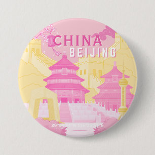 Macaron Rond 7,6 Cm Affiche de voyage à Pékin Chine Art rose et jaun