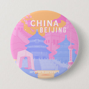 Macaron Rond 7,6 Cm Affiche de voyage à Pékin Chine   Pastel rose et b