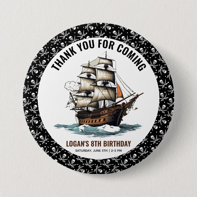 Macaron Rond 7,6 Cm Ahoy ! Pirate Ship 8e anniversaire (Devant)