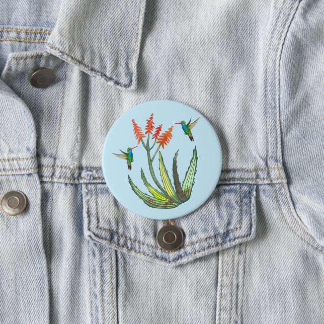 Macaron Rond 7,6 Cm Aloe Vera Fleur Succulente Hummingbirds Aquarelle (En situation)