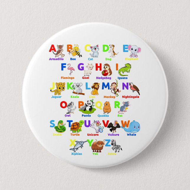 Macaron Rond 7,6 Cm Alphabet Animal ABCs Apprentissage Round Bouton (Devant)