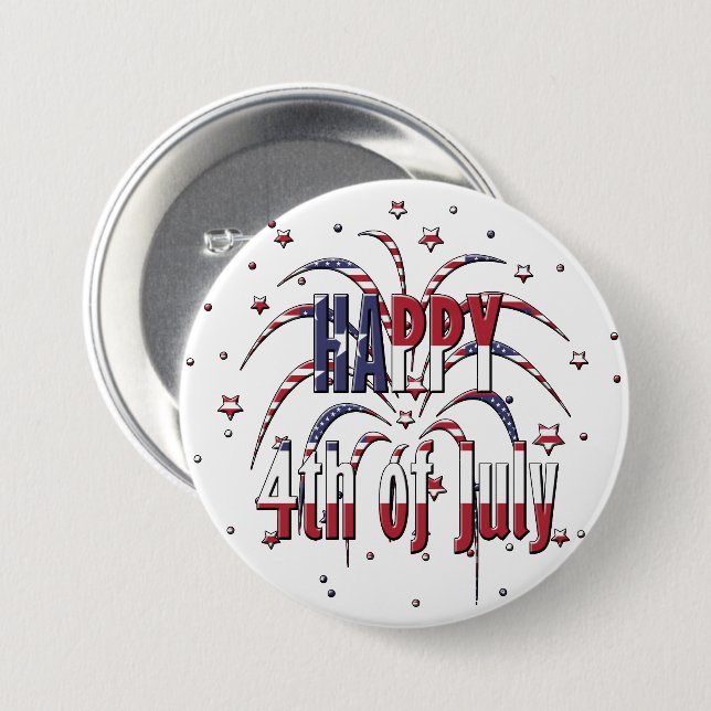 Macaron Rond 7,6 Cm American Stars and Stripes Happy 4 juillet (Devant & derrière)