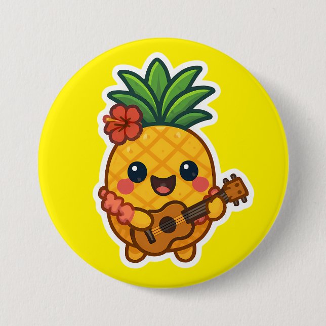 Macaron Rond 7,6 Cm Ananas souriant Kawaii - Tropical (Devant)