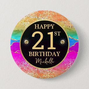 Macaron Rond 7,6 Cm Anniversaire 21 Ans Elégant Arc-en-Ciel Paillettes