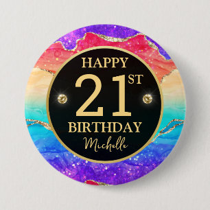 Macaron Rond 7,6 Cm Anniversaire 21 Ans Élégant Arc-en-Ciel Paillettes