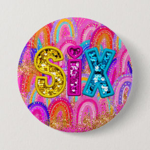 Macaron Rond 7,6 Cm Anniversaire 6 ans Sequins Arc-en-Ciel Rose