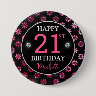 Macaron Rond 7,6 Cm Anniversaire Fleurs Noires et Paillettes Rose Chau