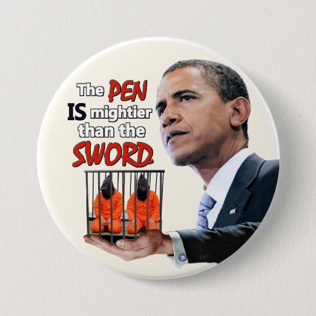 Macaron Rond 7,6 Cm Anti-Obama : Stylo contre l'épée (Devant)