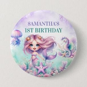 Macaron Rond 7,6 Cm Aqua Vert violet La Petite Sirène 1er Anniversaire