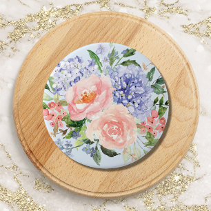 Macaron Rond 7,6 Cm Aquarelle Fleur Bleue Rose Hydrangea Pivoine Flora