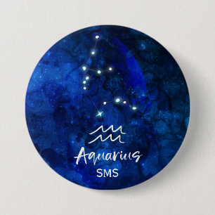 Macaron Rond 7,6 Cm Aquarius Zodiac Constellation Blue Galaxy Monogram
