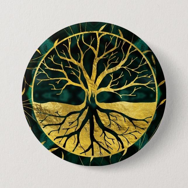 Macaron Rond 7,6 Cm Arbre de la vie d'or Yggdrasil sur la malachite (Devant)