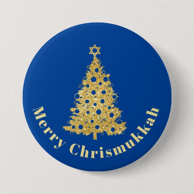 Macaron Rond 7,6 Cm Arbre de Noël d'or avec l'étoile de David Button (Devant)