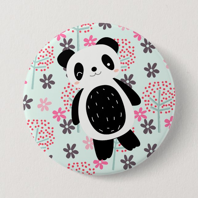 Macaron Rond 7,6 Cm Arbres, fleurs et ours de panda (Devant)
