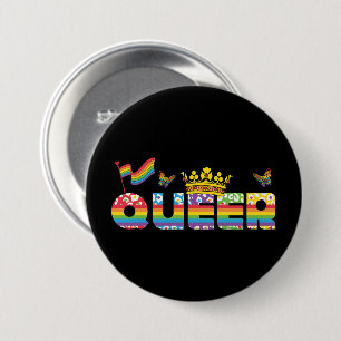 Macaron Rond 7,6 Cm Arc-en-ciel de la Couronne Queer avec drapeau et p