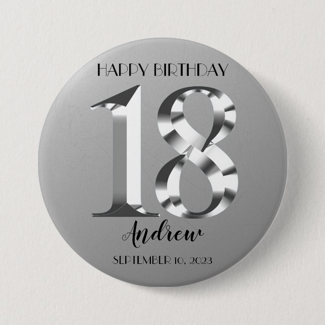 Macaron Rond 7,6 Cm Argent métallique 18e anniversaire (Devant)