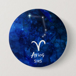 Macaron Rond 7,6 Cm Aries Zodiac Constellation Blue Galaxy Monogramme