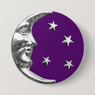 Macaron Rond 7,6 Cm Art Déco Lune et étoiles - Amethyst Purple & Silve