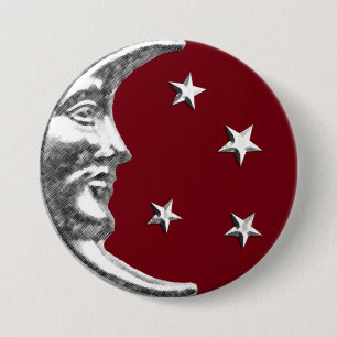 Macaron Rond 7,6 Cm Art Déco Lune et étoiles - Rouge foncé et argent