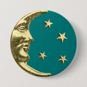 Macaron Rond 7,6 Cm Art Déco Lune et Etoiles - Turquoise et or
