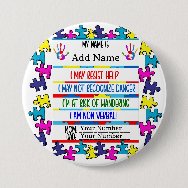 Macaron Rond 7,6 Cm Autisme Alerte Pin non verbal (Devant)