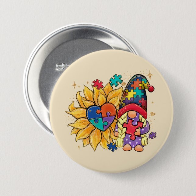 Macaron Rond 7,6 Cm Autisme Tournesol Gnome (Devant & derrière)
