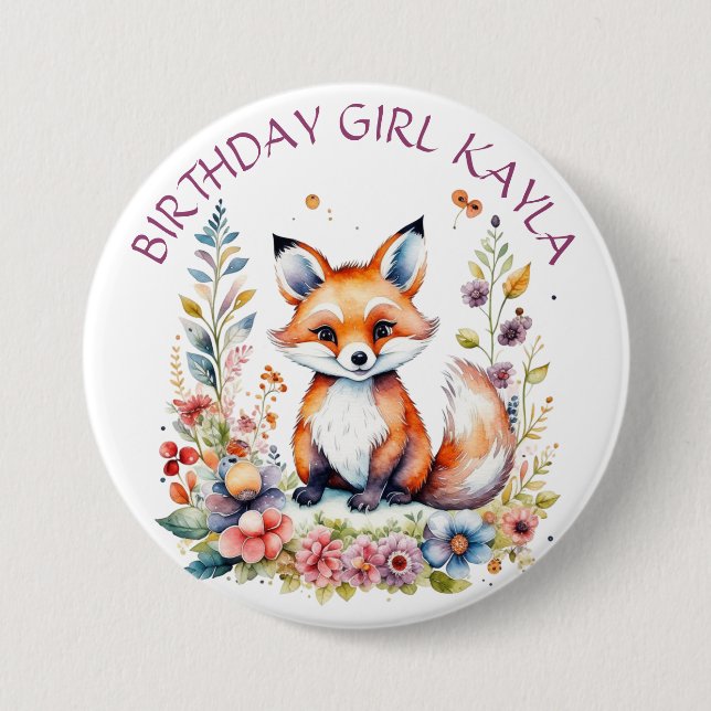 Macaron Rond 7,6 Cm Baby Fox in Flowers Anniversaire gIRL Personnalisé (Devant)
