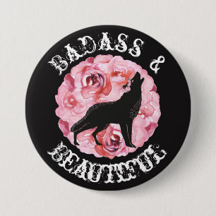 Macaron Rond 7,6 Cm Badass et beau loup et bouton noir de roses