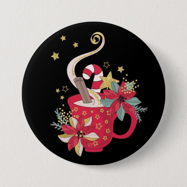 Macaron Rond 7,6 Cm Bâtons de cannelle rouge Teacup Poinsettias, étoil (Devant)