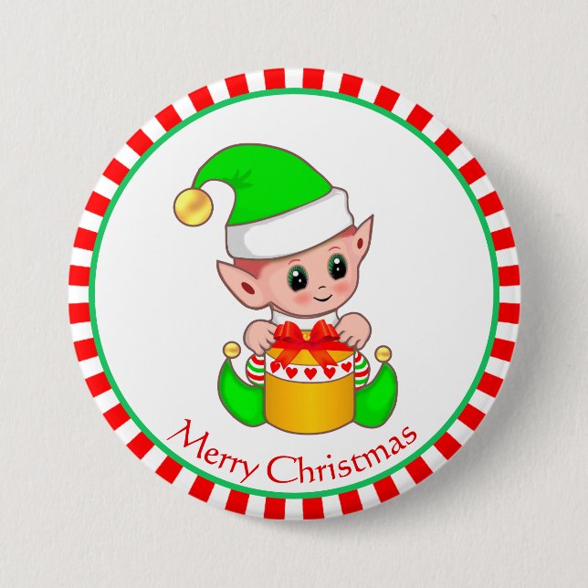 Macaron Rond 7,6 Cm bébé elfe de Noël et boîte cadeau (Devant)