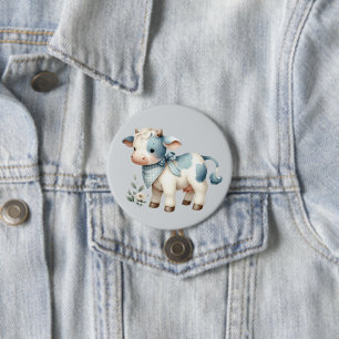 Macaron Rond 7,6 Cm Bébé Vache Gingham Bleu Pastel Esthétique Ferme