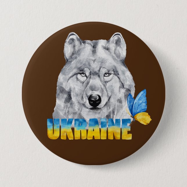 Macaron Rond 7,6 Cm Belle aquarelle Ukraine Loup et Papillon (Devant)