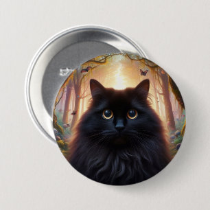 Macaron Rond 7,6 Cm Belle Fluffy Chat Noir avec yeux or