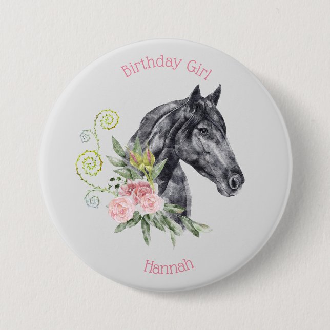 Macaron Rond 7,6 Cm Belle illustration de cheval - Fille d'anniversair (Devant)