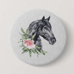 Macaron Rond 7,6 Cm Belle tête de cheval noir Portrait d'aquarelle