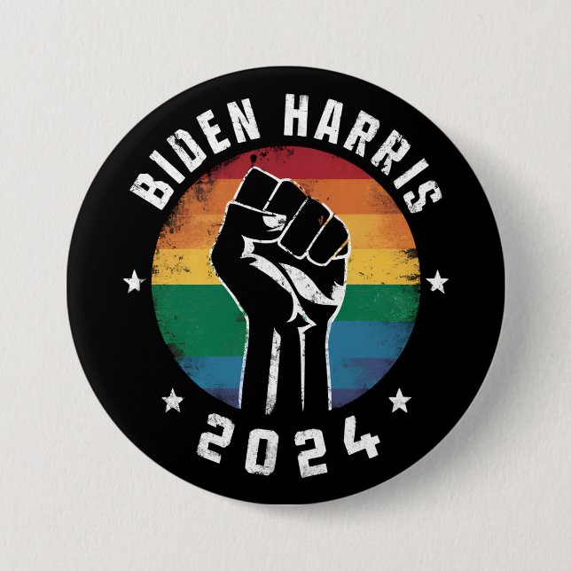 Macaron Rond 7,6 Cm Biden Harris 2024 Elections LGBT Gay pride Arc-en- (Devant)