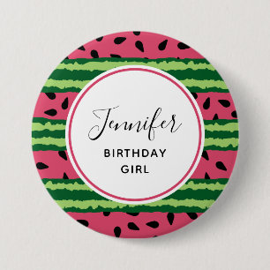 Macaron Rond 7,6 Cm Birthday Girl Cute Watermelon Motif rose et vert