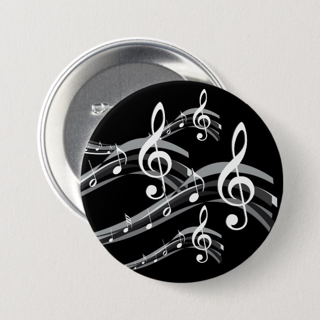 Macaron Rond 7,6 Cm Black and White Treble Clef (Devant & derrière)