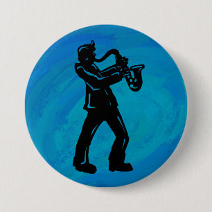 Macaron Rond 7,6 Cm Bleu de saxophone de nuits de boogie de New York