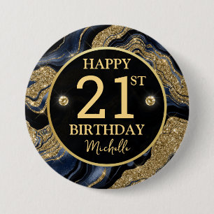 Macaron Rond 7,6 Cm Bleu Nuit Élégant et Paillettes Dorées Anniversair