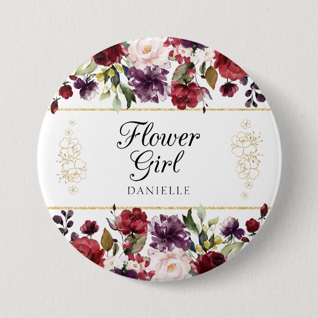 Macaron Rond 7,6 Cm Bliss Burgundy Floral Flower Girl Monogrammed Pin (Devant)